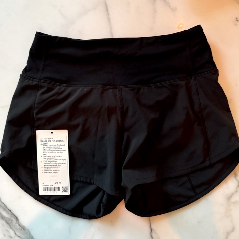 LuluLemon Speed Up HR 4” Lined Black shorts. Size 4.